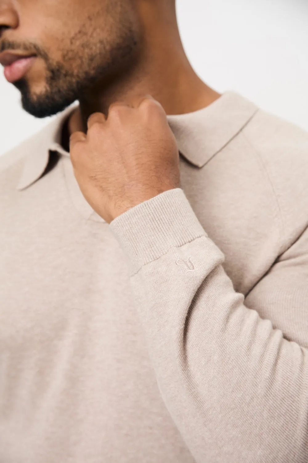 Clubhouse Attire Bound Seam Finish Pure Cotton Knitted Open Collar Polo Shirt in Neutral Marl