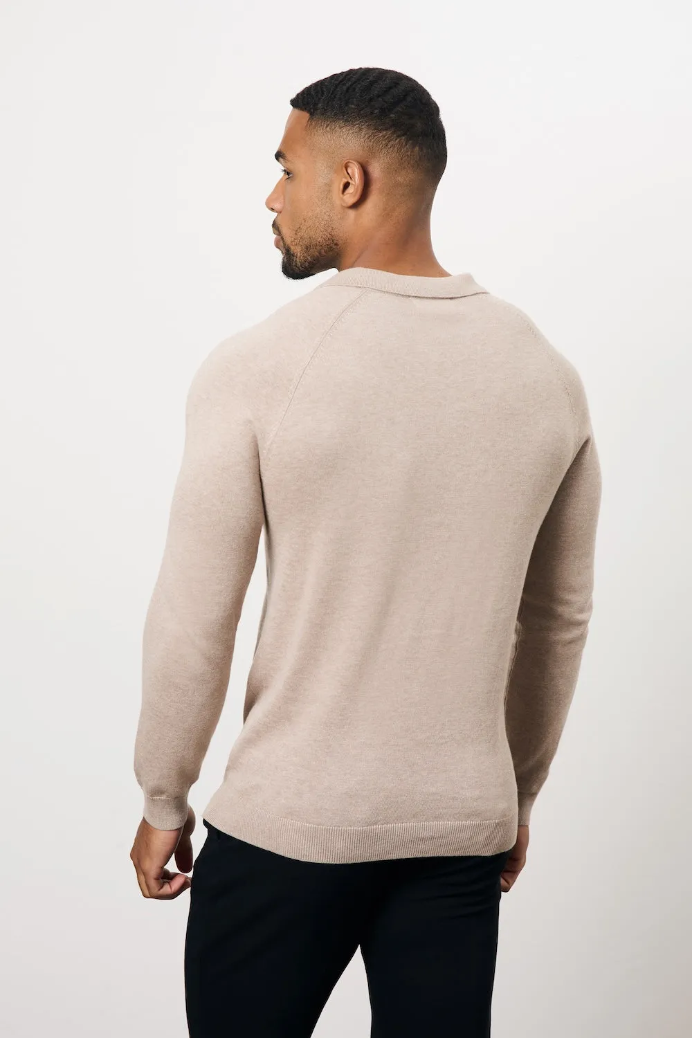 Pure Cotton Knitted Open Collar Polo Shirt in Neutral Marl Logo Detail Preppy Vibe