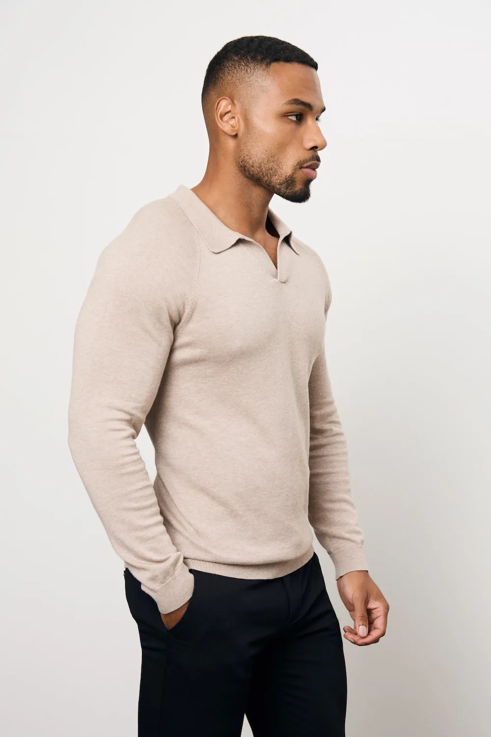 Pure Cotton Knitted Open Collar Polo Shirt in Neutral Marl Relaxed Comfort