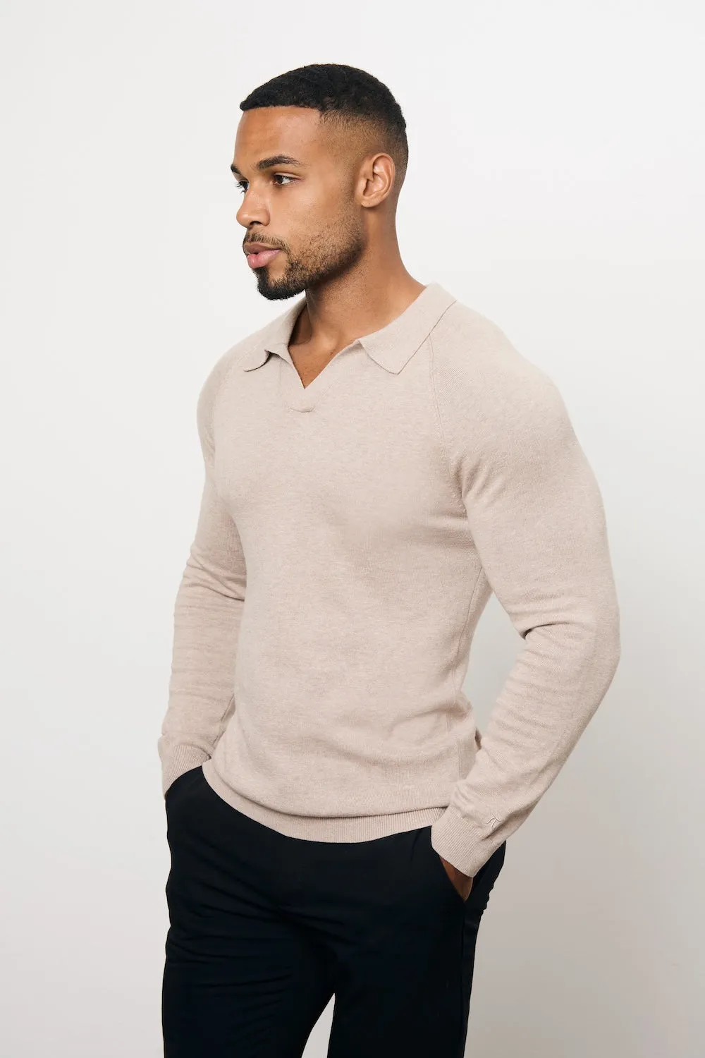 Pure Cotton Knitted Open Collar Polo Shirt in Neutral Marl Summer Smart