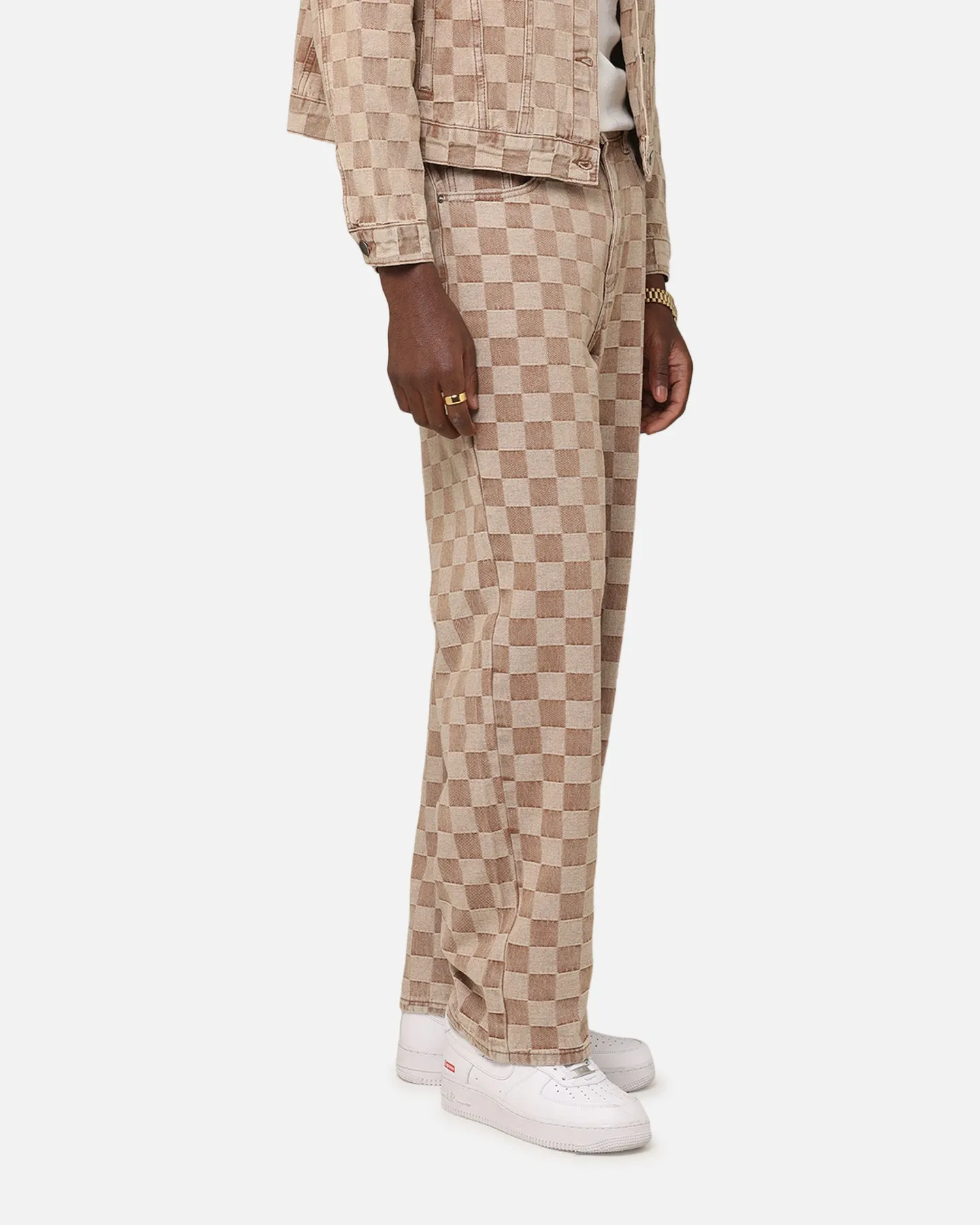 XXIII Checker Board Denim Jeans Tan Belt Loop Reinforcement Popular Style