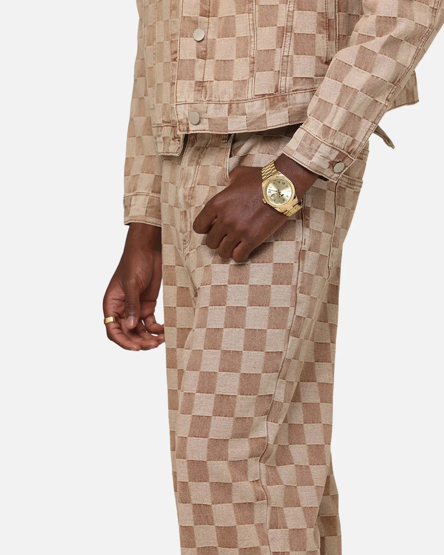 Holiday Vibes Work Ready Holiday Vibes Athlete Fit XXIII Checker Board Denim Jeans Tan
