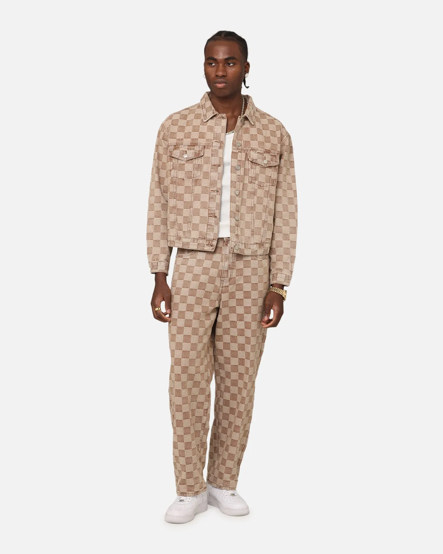 XXIII Checker Board Denim Jeans Tan Soft Sustainable Relaxed Thigh Cut