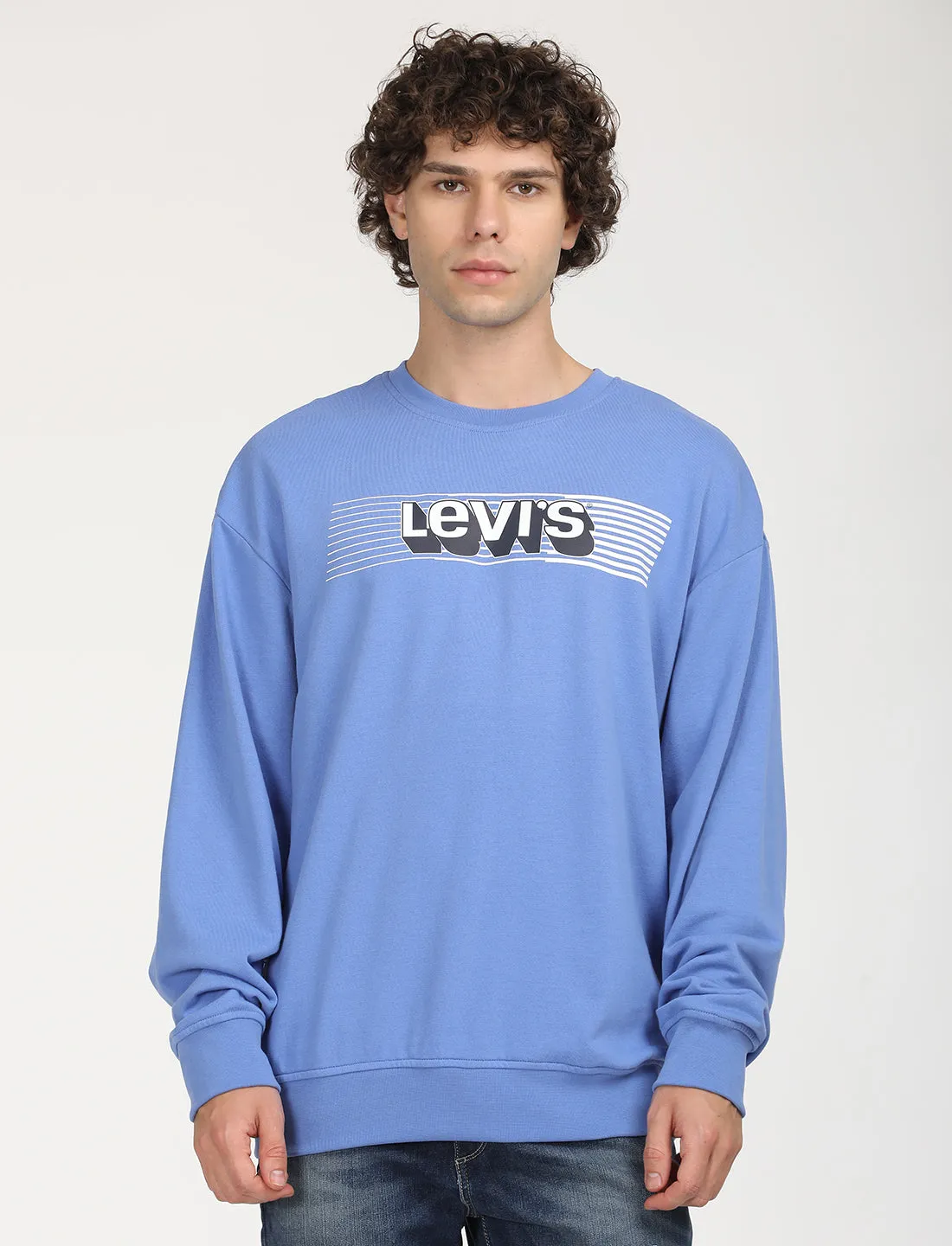 Breathable Cotton Men's Solid Blue Crew Neck Sweatshirt