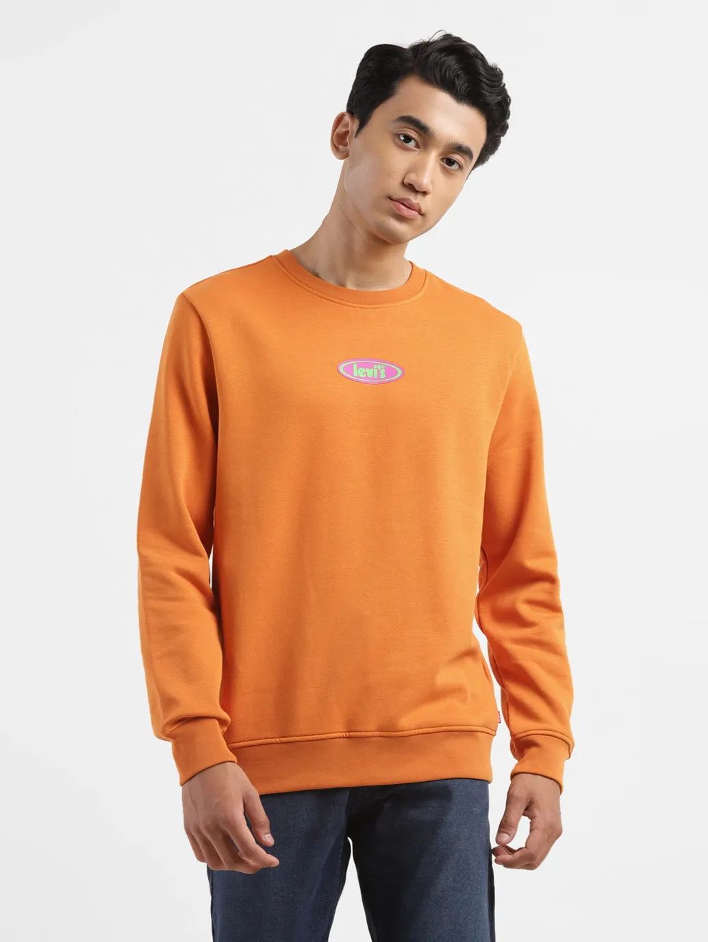 Anti Pill Finish Men's Solid Orange Crew Neck Sweatshirt