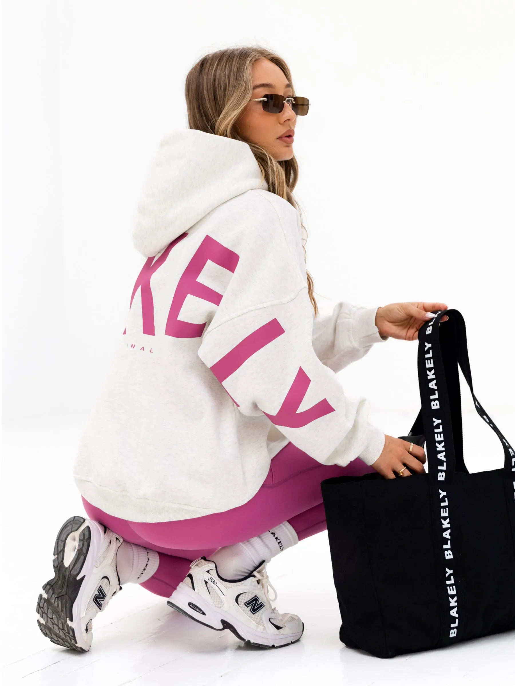 Isabel Oversized Hoodie - Marl White & Pink Embroidered Logo Moisture Wicking Lining