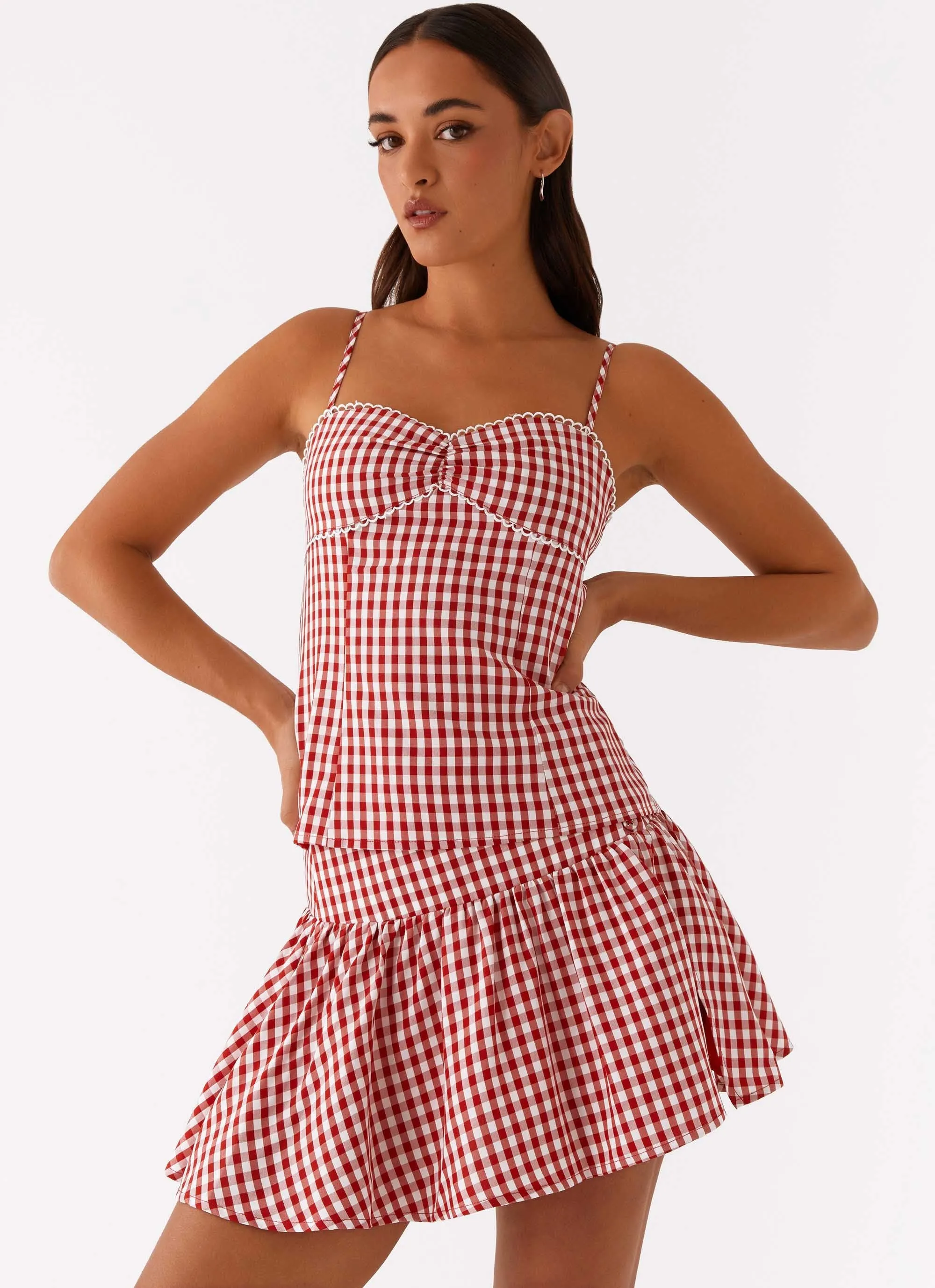 Bellamy Mini Skirt - Red Gingham Trendy summer outfit Sleek and Simple