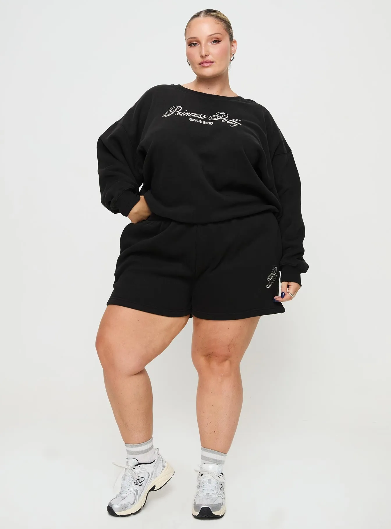 QuickAccessPockets Princess Polly Track Shorts Cursive Text Black Sand Curve