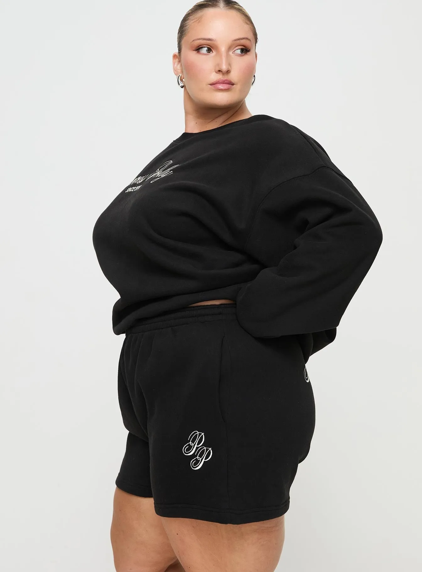 DurableCoverstitch AdjustableHemline Princess Polly Track Shorts Cursive Text Black Sand Curve