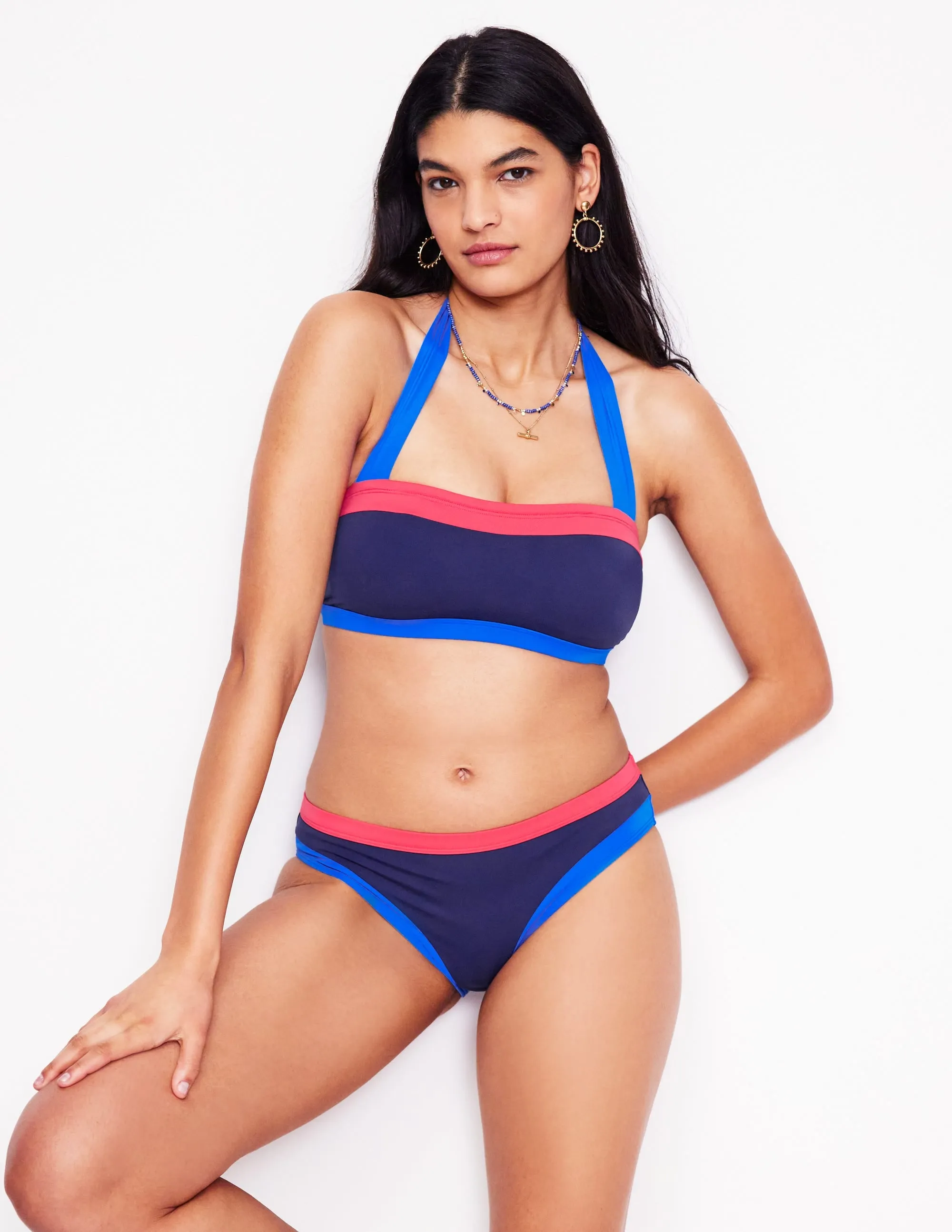 4 Way Stretch Santorini Bikini Bottoms-Navy/ Coral Punch Pink/ Blue