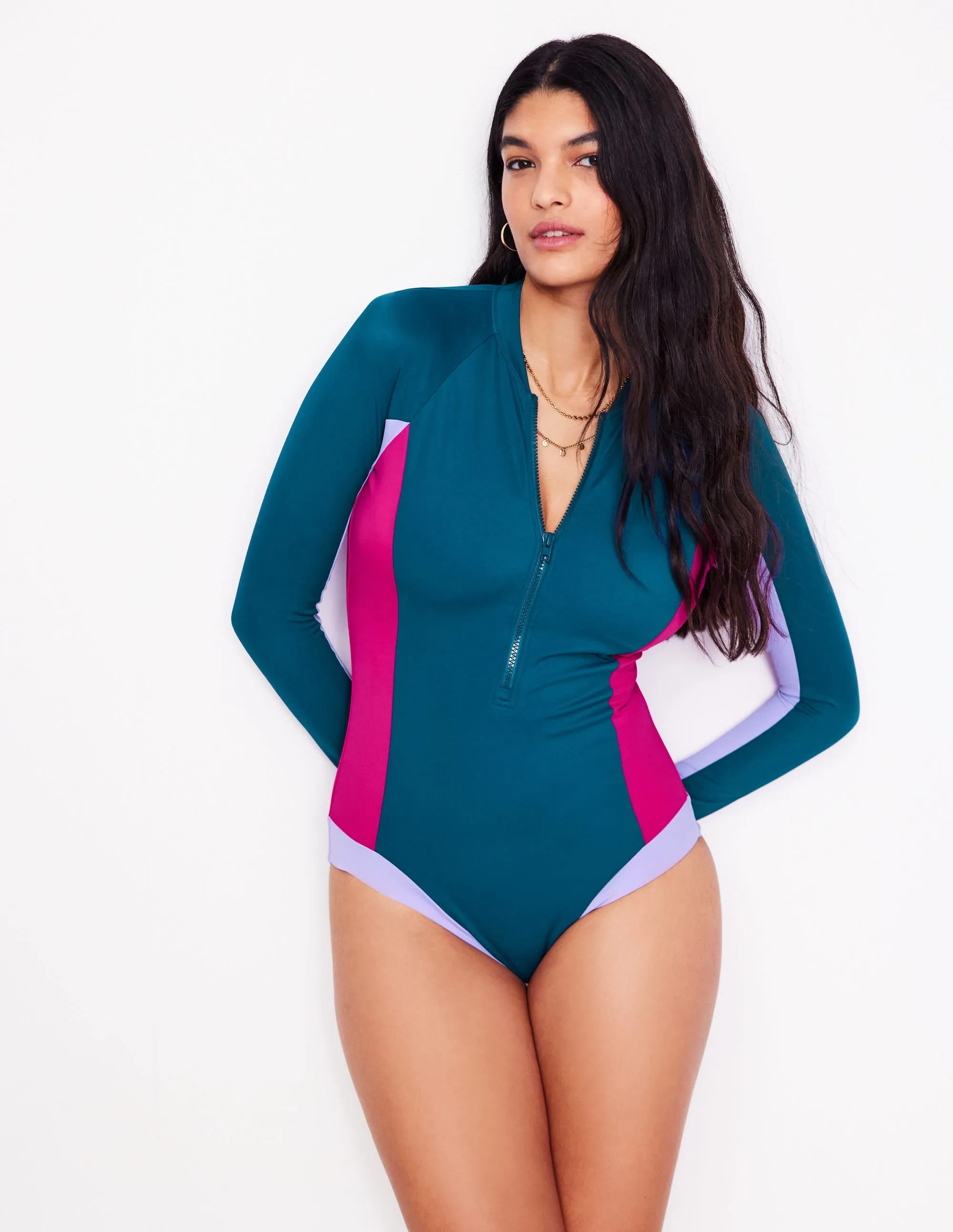 Durable Quality Sporty Raglan Sleeve Swimsuit-Oceanside Blue