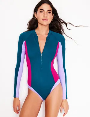 Mold Resistant Lining High Stretch Fabric Sporty Raglan Sleeve Swimsuit-Oceanside Blue