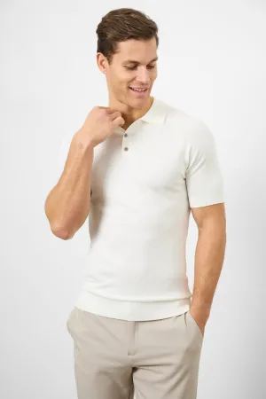 Fine Gauge Knitted Polo Shirt in Ecru Striped Design Bamboo Fiber Blend