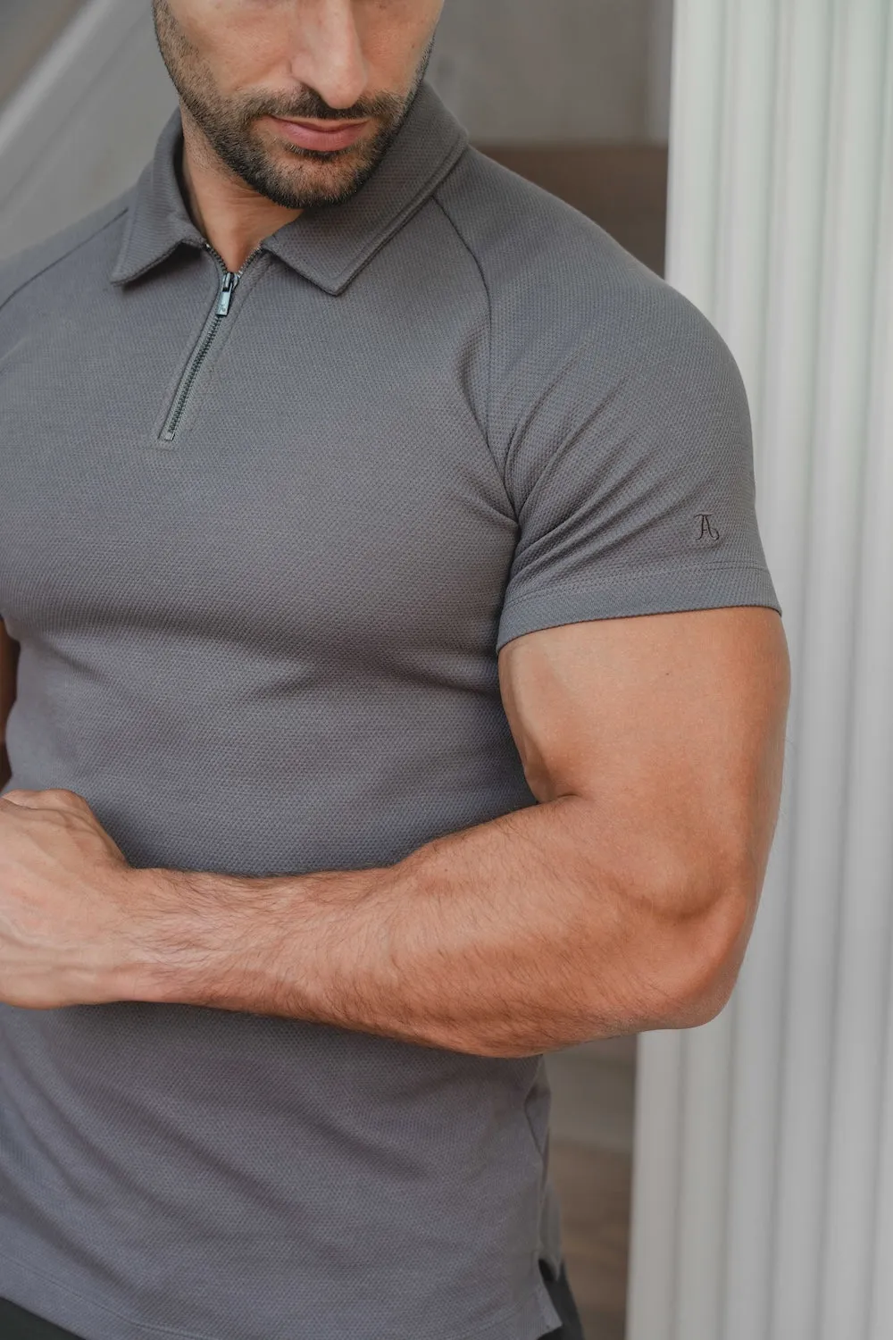 Zip Neck Polo Shirt in Graphite Performance Wear YarnDyed Construction