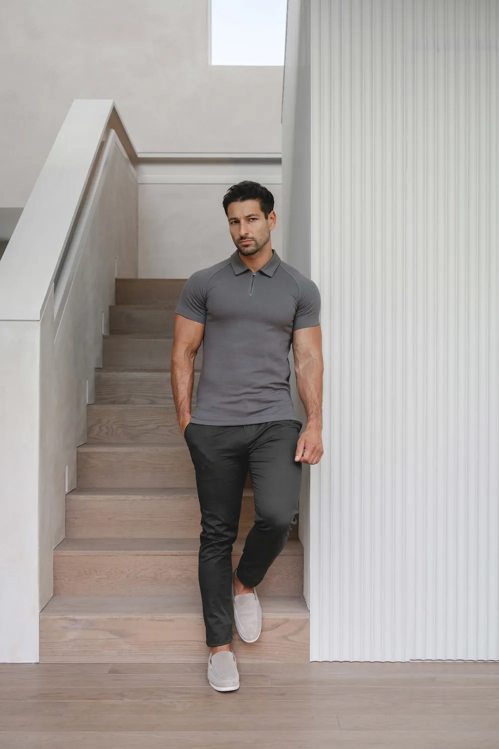 Zip Neck Polo Shirt in Graphite NonRestrictive Cut