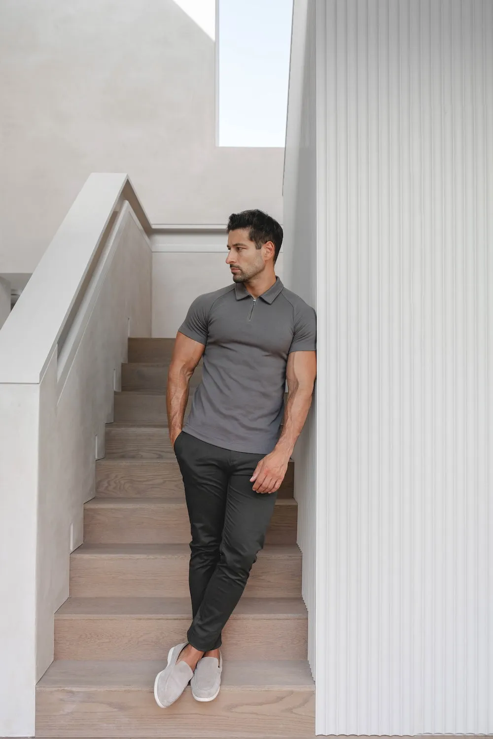 Zip Neck Polo Shirt in Graphite Breathable Underarm Gusset