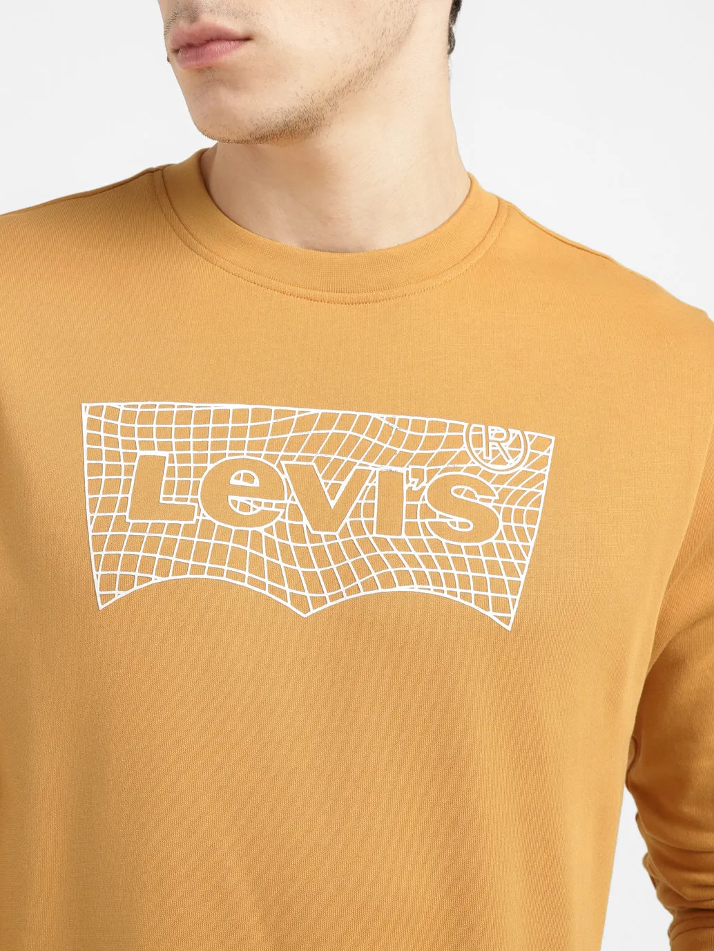 Retro Style Reinforced Elbows Men's Brand Logo Ochre Crew Neck Sweatshirt