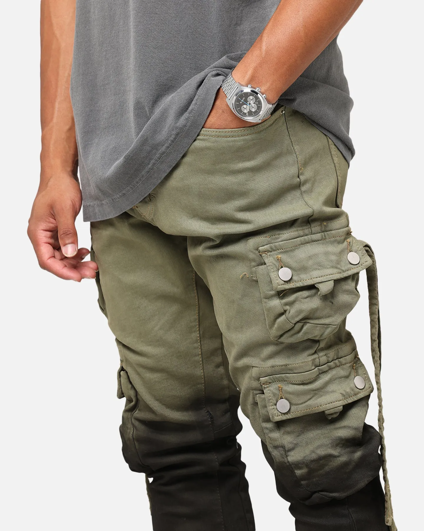MNML B569 Cargo Flare Denim Jeans Olive/Black All Time Fit Elegant Minimalist Outdoor Adventure