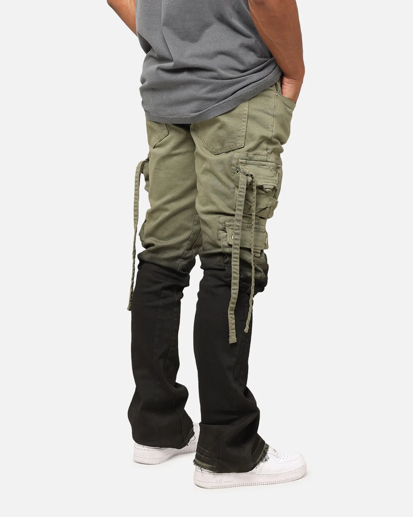 Urban Ready Vintage Lover Smooth Bold MNML B569 Cargo Flare Denim Jeans Olive/Black