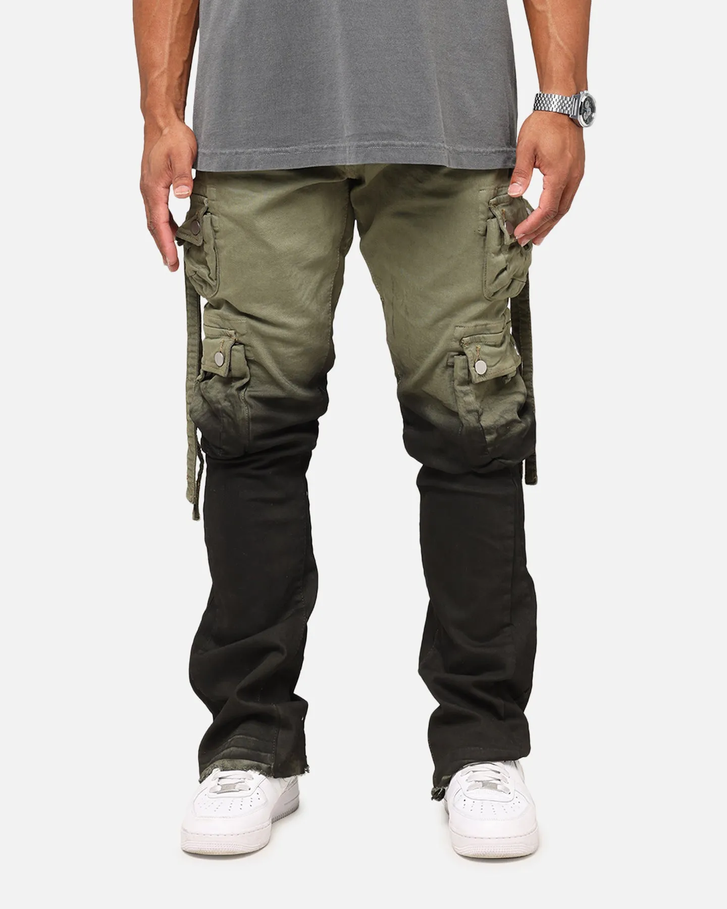 MNML B569 Cargo Flare Denim Jeans Olive/Black Breathable Lining