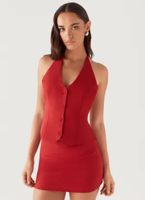 Sarah Mini Skirt - Ruby Red Dropped-Waist Perfect Mood
