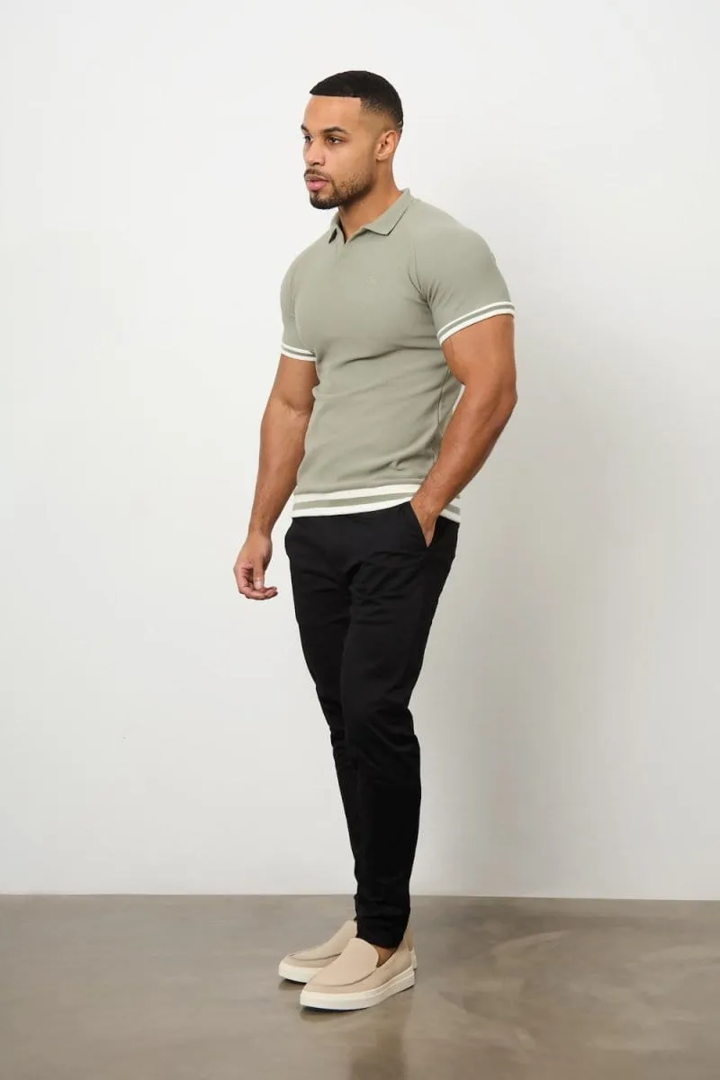 Tipped Textured Open Collar Polo Shirt in Soft Khaki Work Appropriate Compact Knit Structure