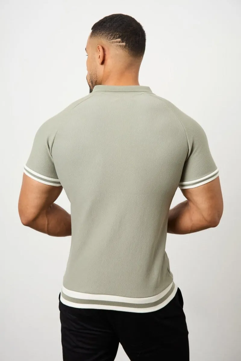 Tipped Textured Open Collar Polo Shirt in Soft Khaki Cotton Blend
