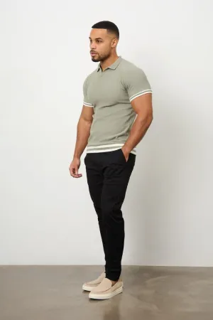 Tipped Textured Open Collar Polo Shirt in Soft Khaki Work Appropriate Compact Knit Structure