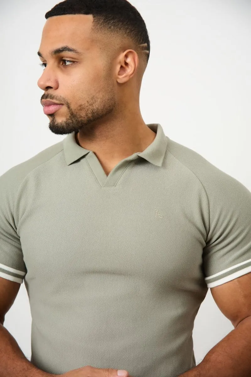 Tipped Textured Open Collar Polo Shirt in Soft Khaki Stylish Neckline