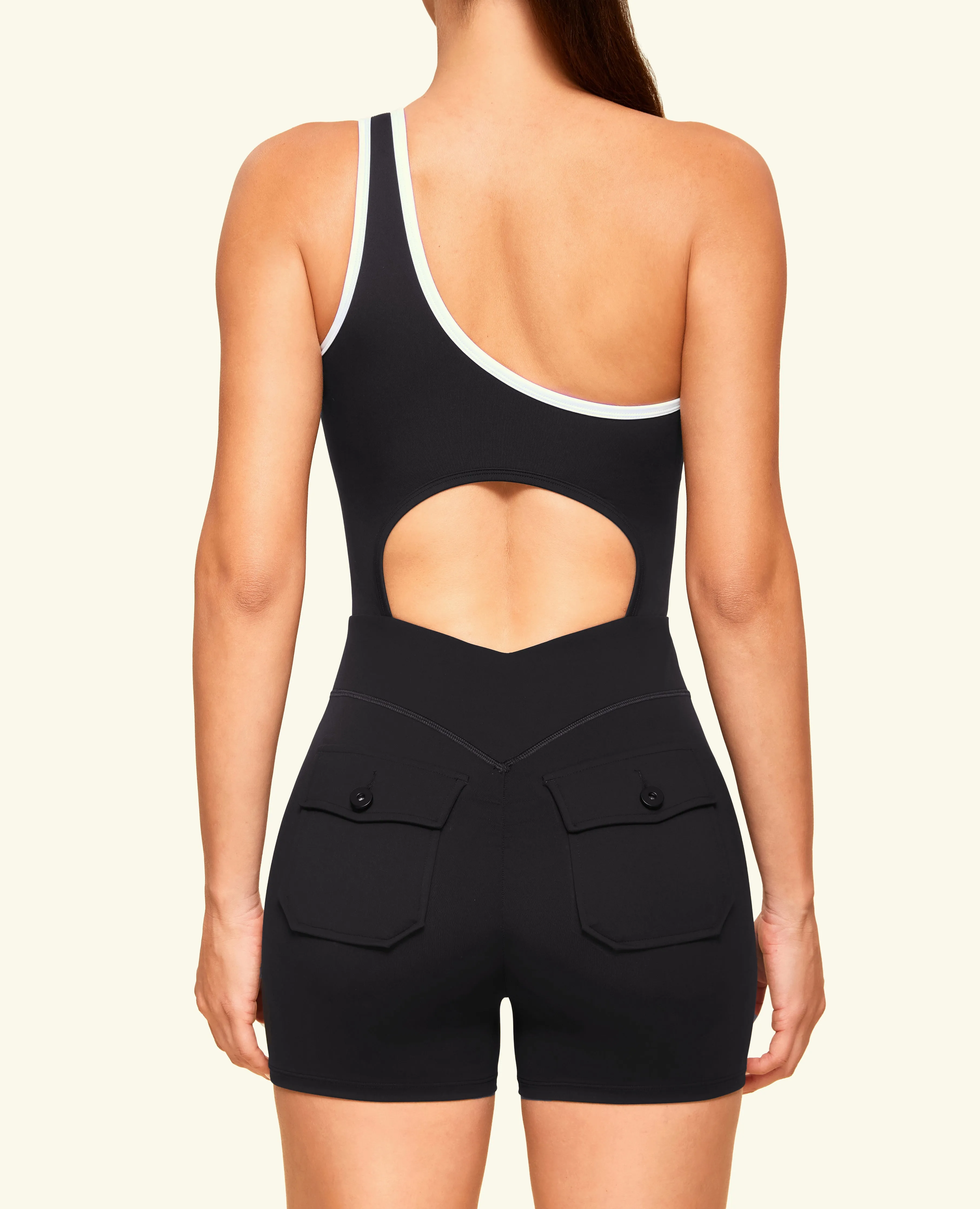One Shoulder Pocket Bodysuit Short  - Black TearResistant
