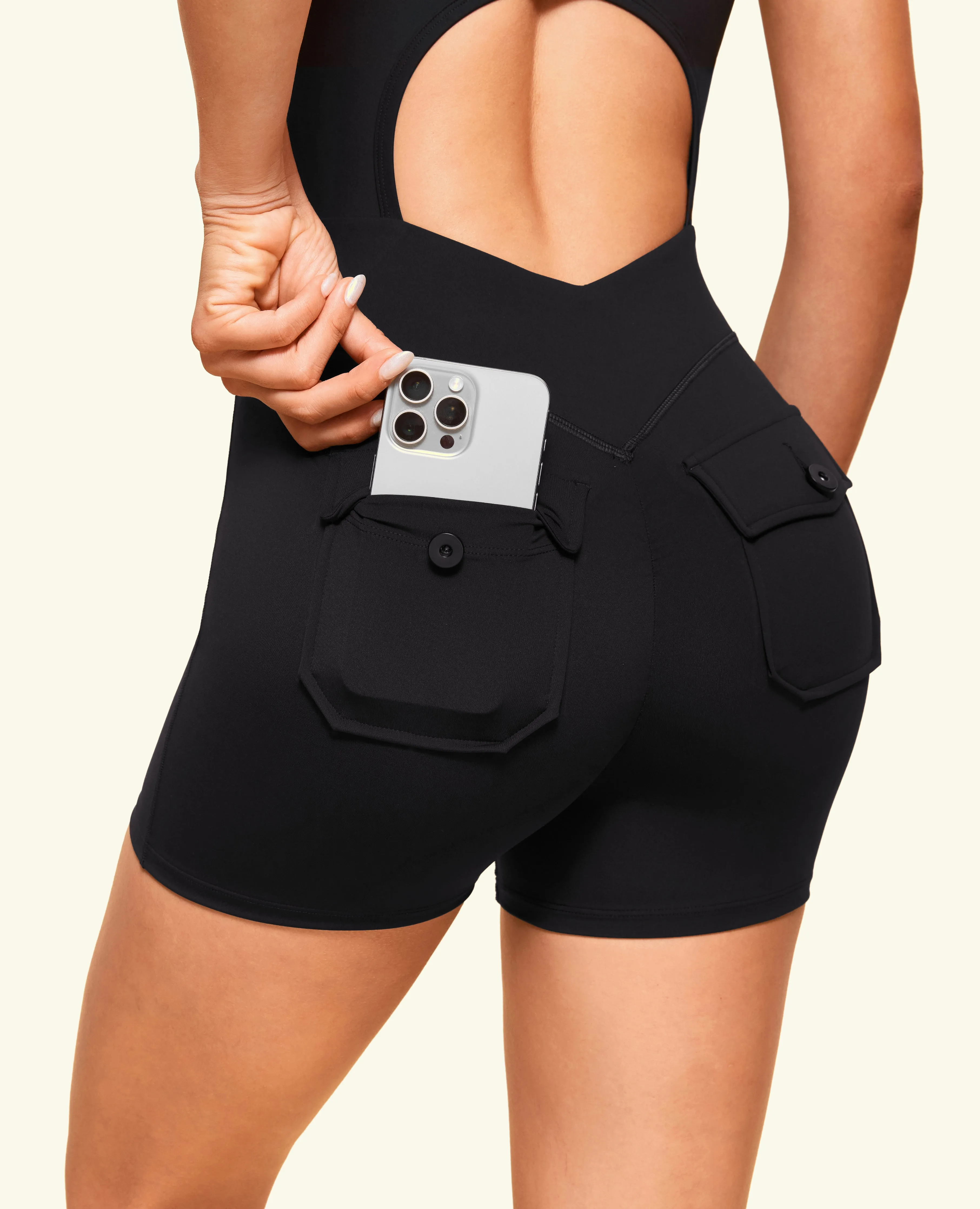 One Shoulder Pocket Bodysuit Short  - Black Travel Core VersatileCuff