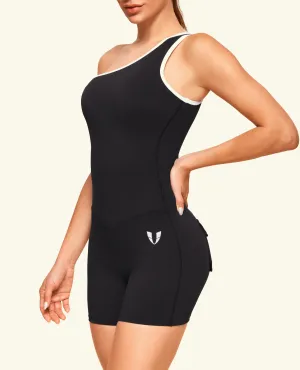One Shoulder Pocket Bodysuit Short  - Black NoRubEdging Office Mood