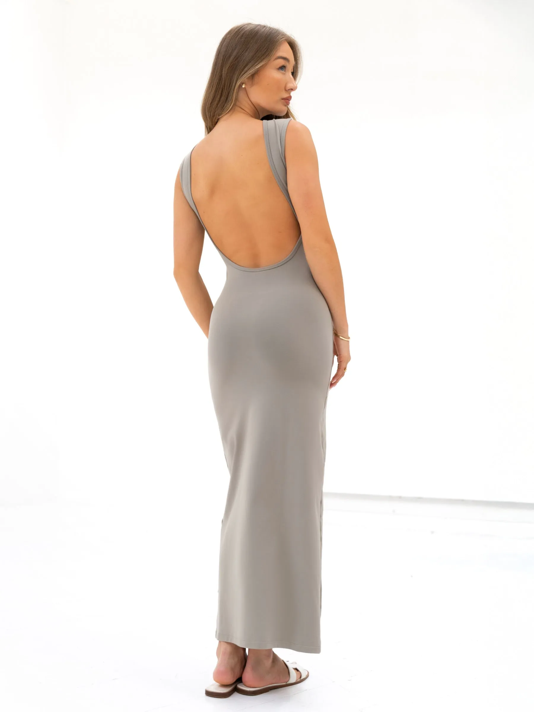 WaterRepellentFinish Solea Backless Maxi Dress - Neutral Grey