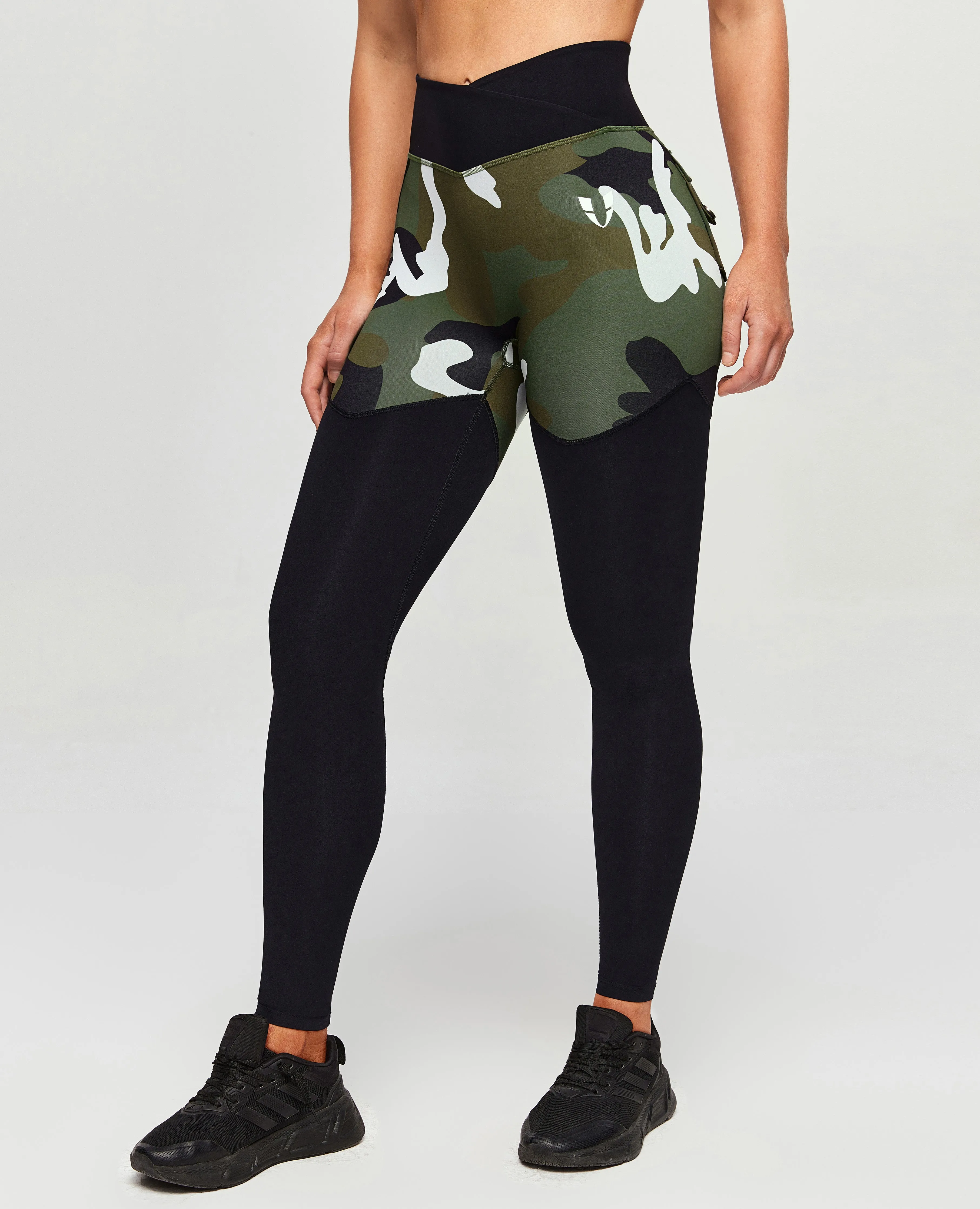 V-Waist Gym Leggings - White Green Camo Push Fit
