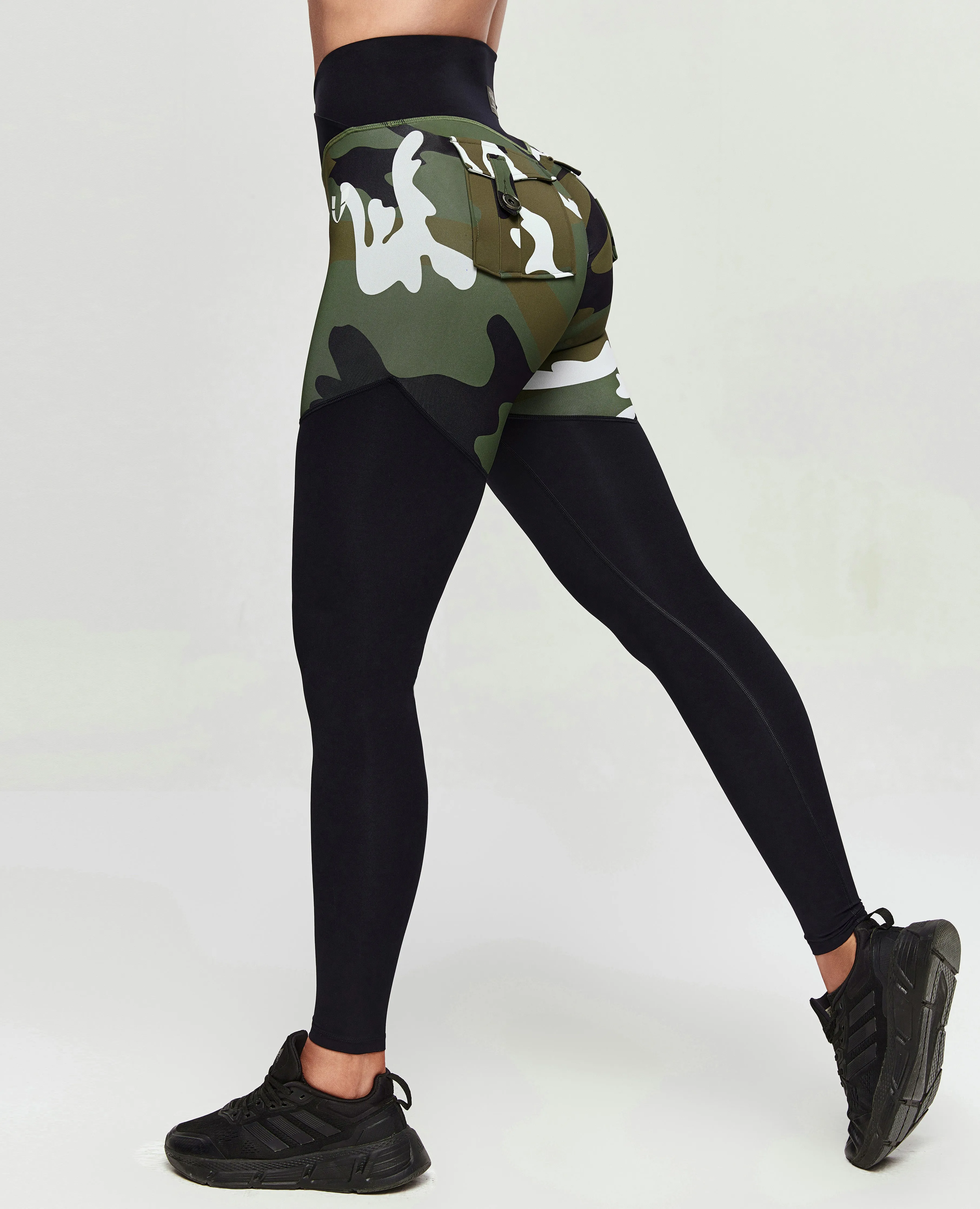 Grid Pattern V-Waist Gym Leggings - White Green Camo