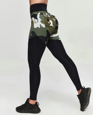 Grid Pattern V-Waist Gym Leggings - White Green Camo