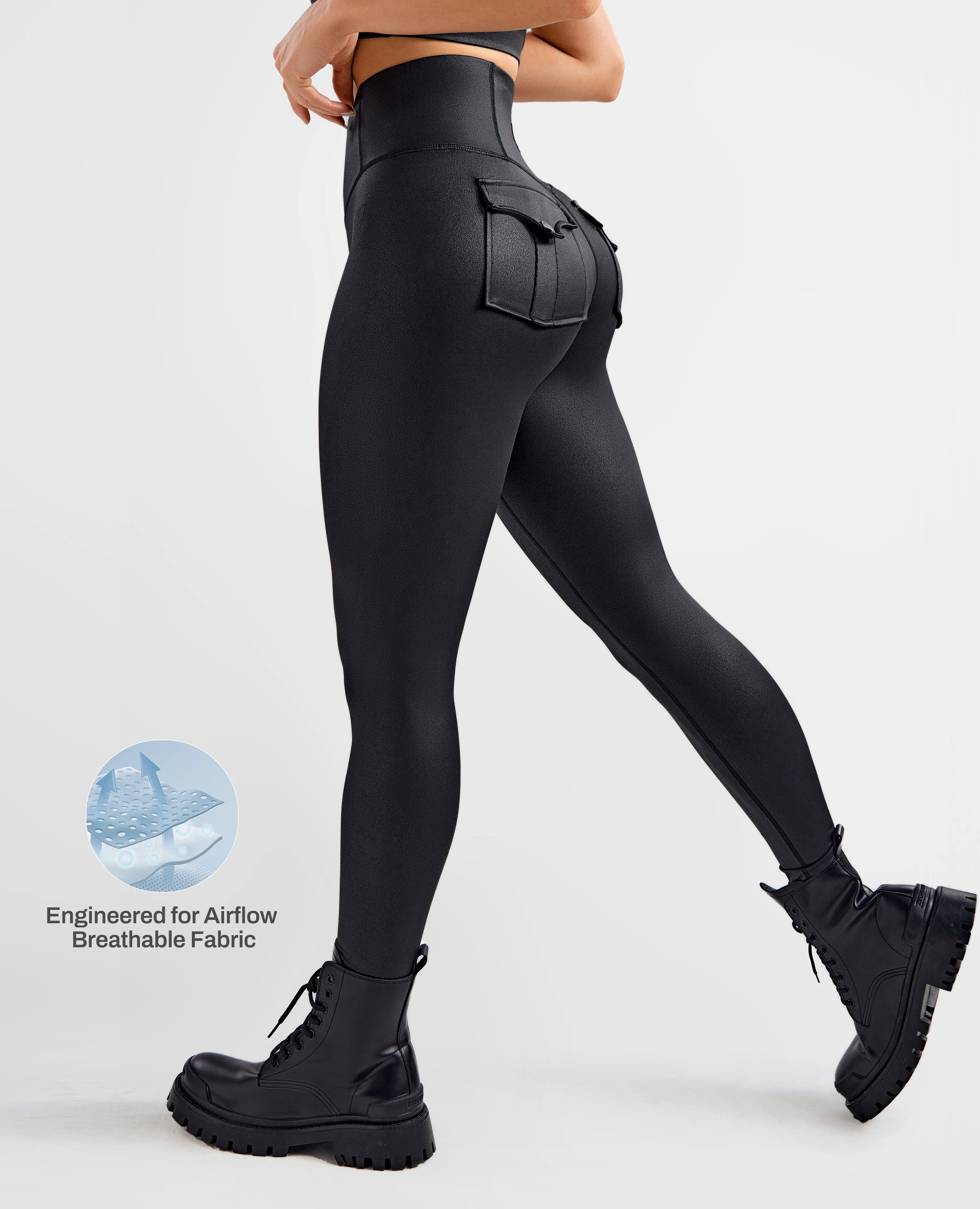 Mountain Hike Wrinkle Resistant Wrinkle Resistant Fitness Lover Breathable & Sculpting Faux Leather Pocket Leggings ?C Black