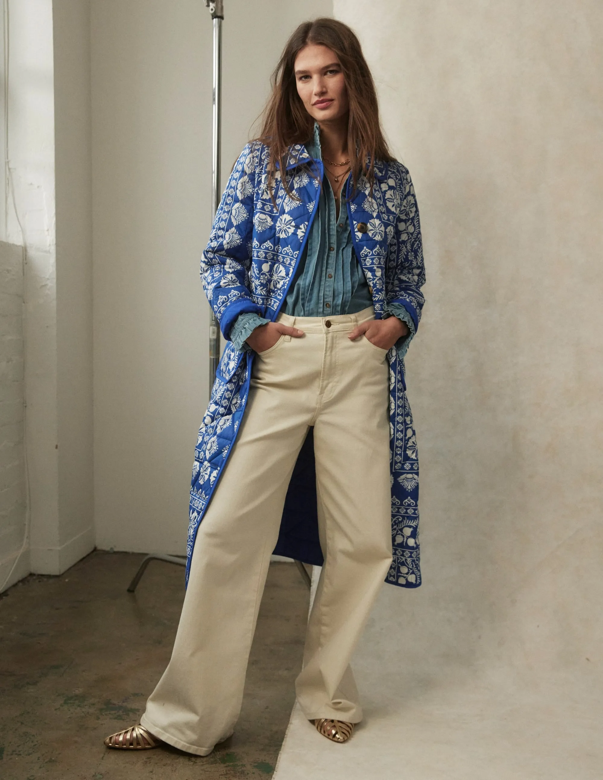 elastic waistband Office Wear Modern High Rise Wide Leg Jeans-Ecru