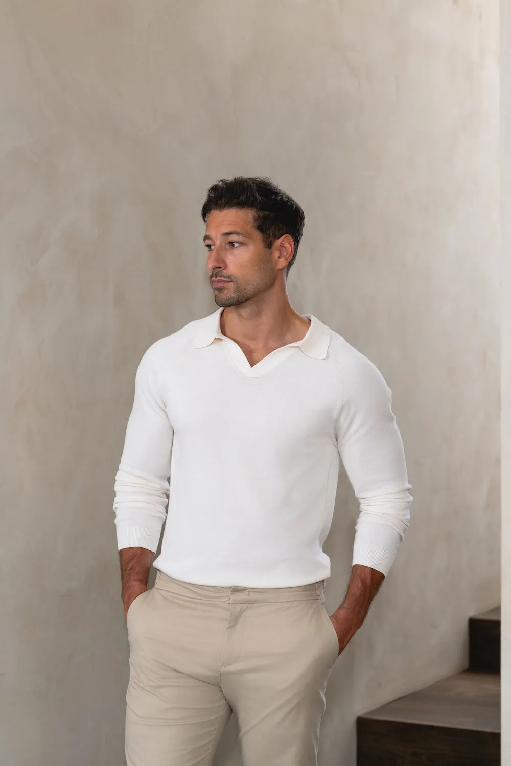 Pure Cotton Knitted Open Collar Polo Shirt in Winter White Breathable Cotton Blend