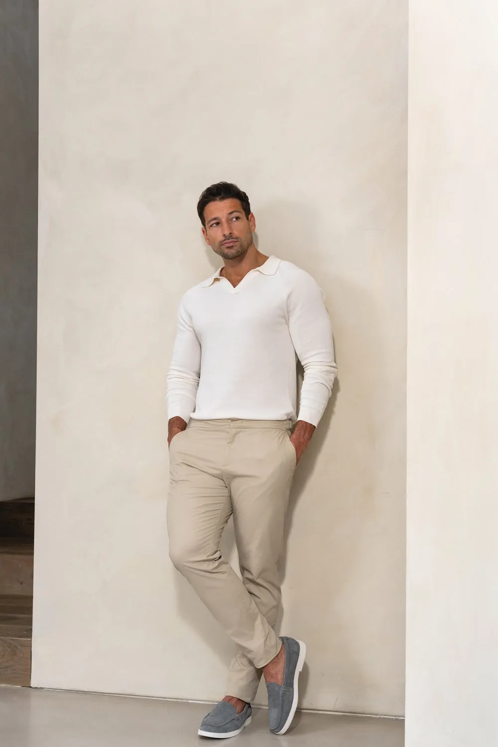 Pure Cotton Knitted Open Collar Polo Shirt in Winter White Stylish Detail