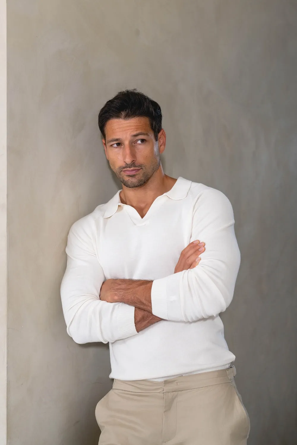 Pure Cotton Knitted Open Collar Polo Shirt in Winter White Lightweight Knit Material Logo Detail