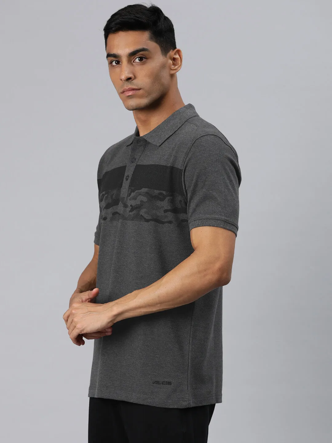 Garment Washed Finish Comfort Fit Alcis Men Grey Melange Printed Polo Collar T-shirt