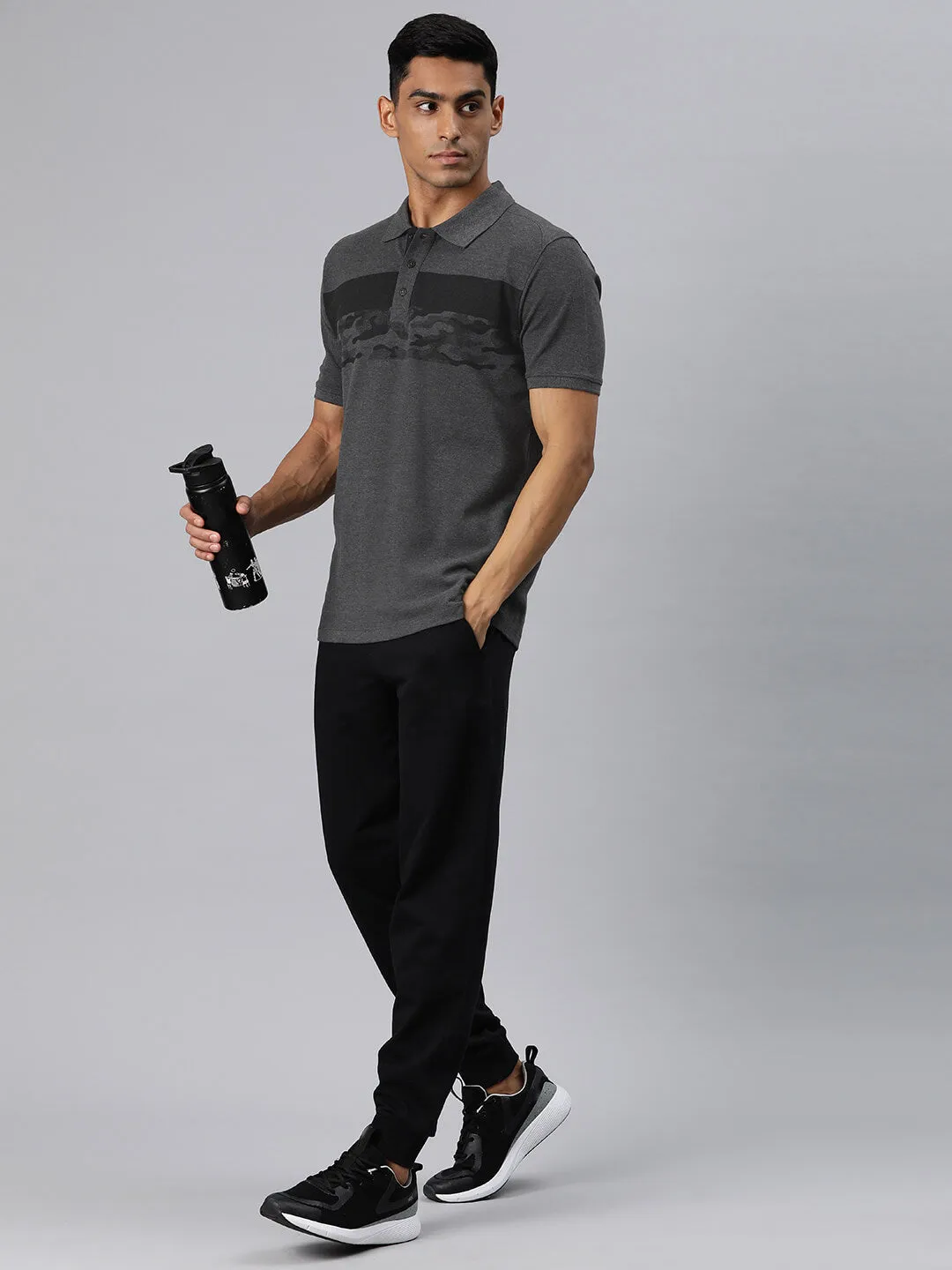 Alcis Men Grey Melange Printed Polo Collar T-shirt Summer Fashion Active Lifestyle
