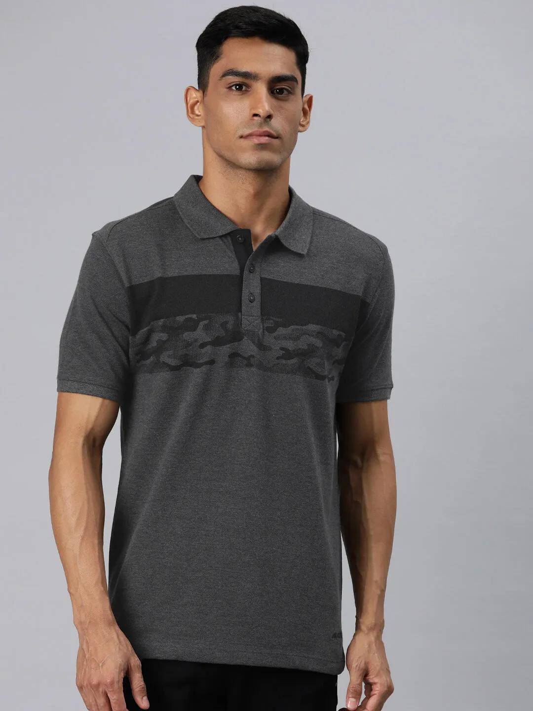 Moisture wicking Golf Tournament Alcis Men Grey Melange Printed Polo Collar T-shirt