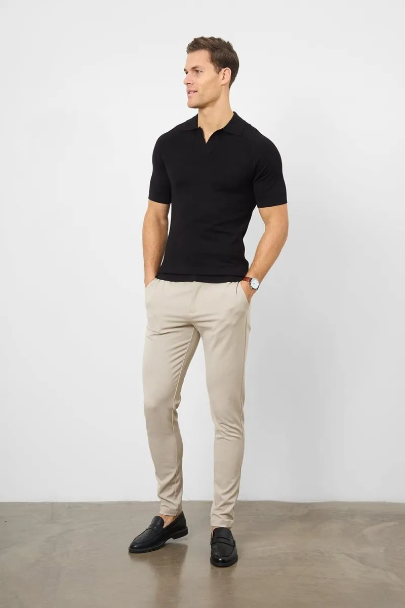 Textured Open Collar Knitted Polo in Black Soft Touch Collared Shirt