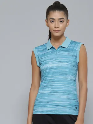 Durable Cotton Alcis Women Blue Striped Polo Collar Slim Fit T-shirt