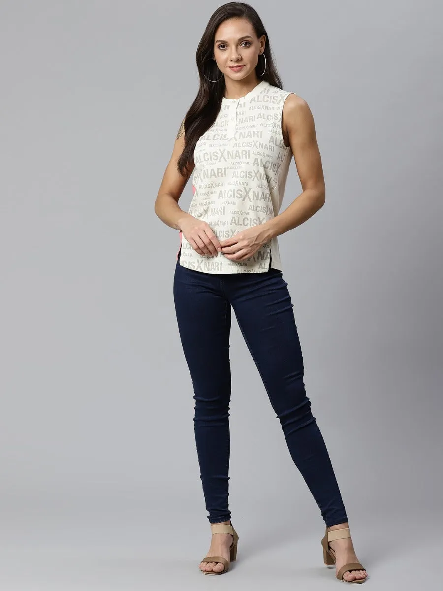 Preppy Style Alcis Women Off-White Grey Printed Top