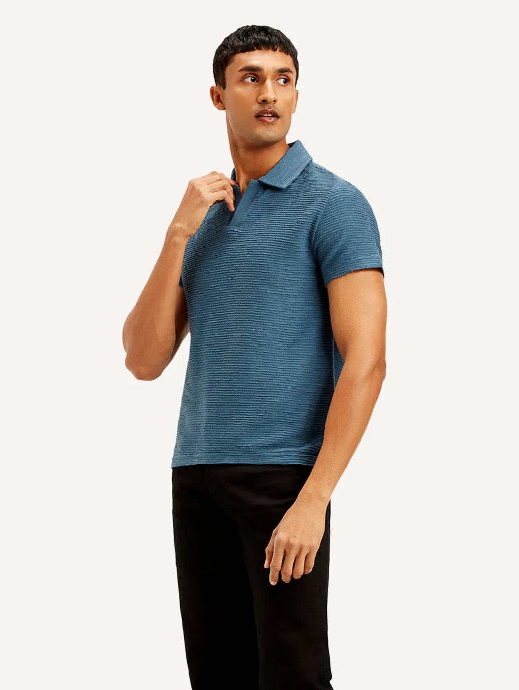 Men's Textured Slim Fit Polo Corduroy T-shirt Multi Ply Collar Twill Tape Reinforcement
