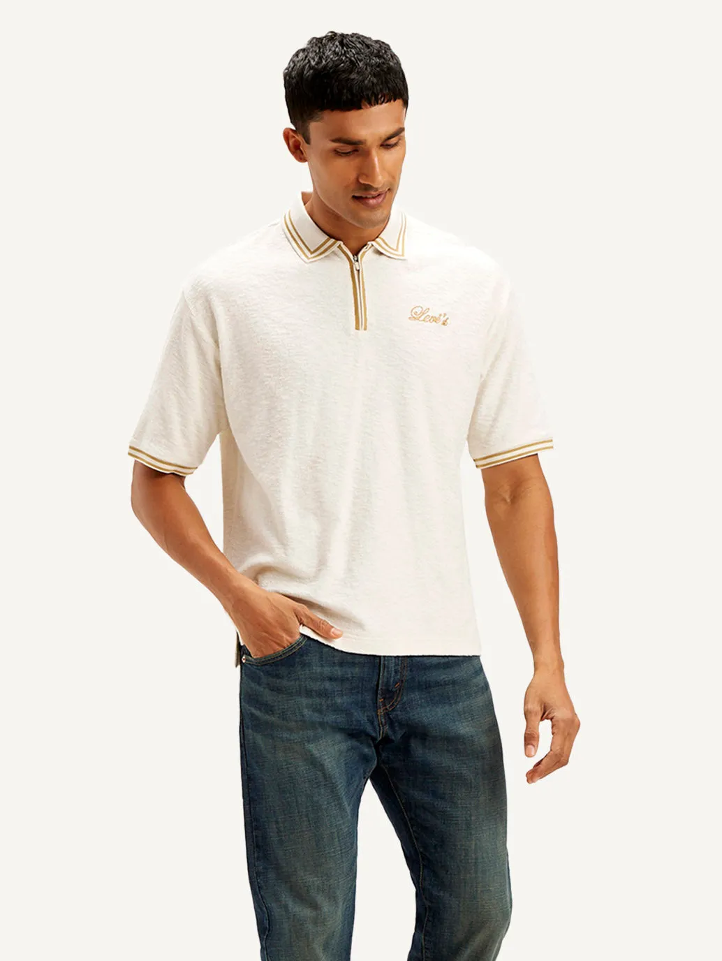 Fashion Forward Men's Knitted Off-White Polo T-shirt