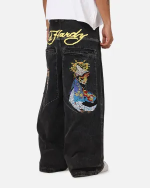 Ed Hardy Ultra Wide Leg Denim Jeans Black/Yellow Stretch Classic Gym Ready